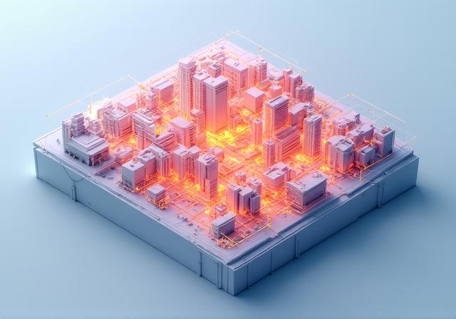 Abstrakte 3D-Stadtkarte mit energetischen Wärmezonen
